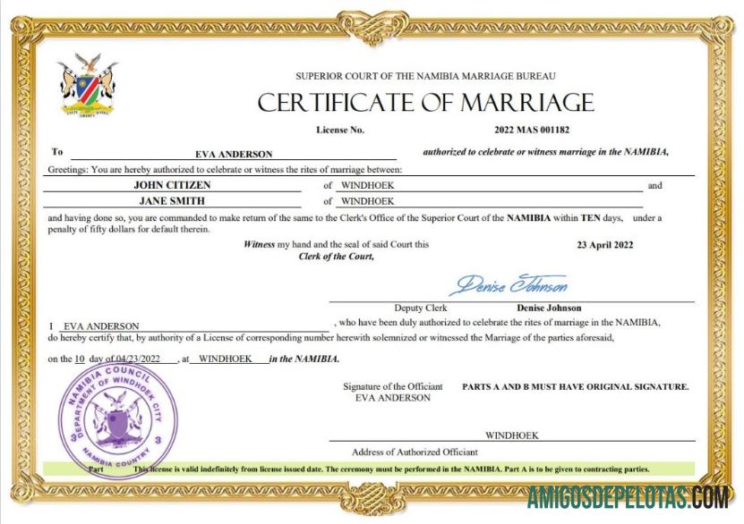 Em branco modelo Word e PDF de certidão de casamento da Namíbia